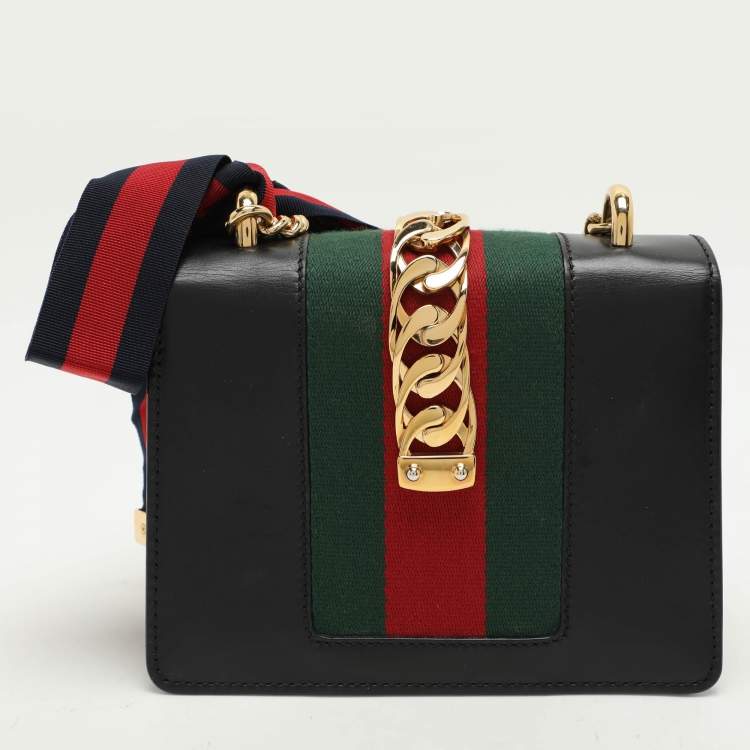 Pre Owned Gucci Black Leather Mini Web Chain Sylvie Shoulder Bag