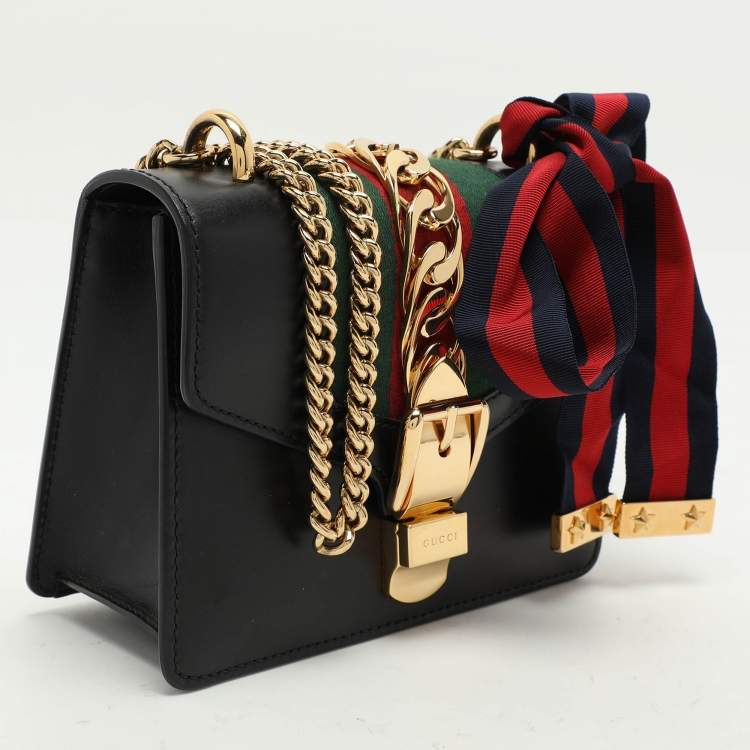 Pre Owned Gucci Black Leather Mini Web Chain Sylvie Shoulder Bag