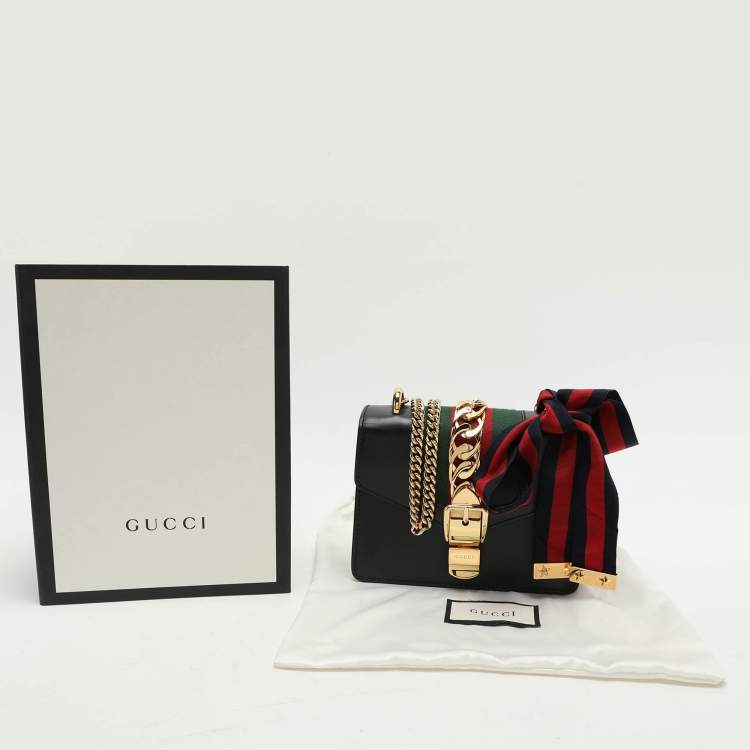 Pre Owned Gucci Black Leather Mini Web Chain Sylvie Shoulder Bag