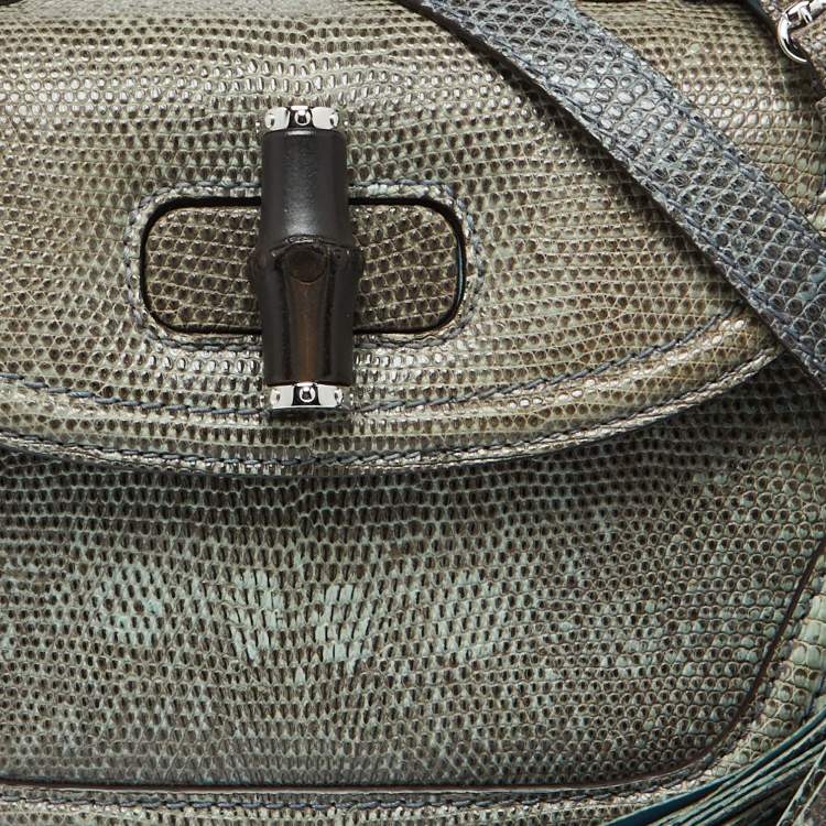 Pre Owned Gucci Blue/Brown Lizard Leather Medium Bamboo Top Handle Bag