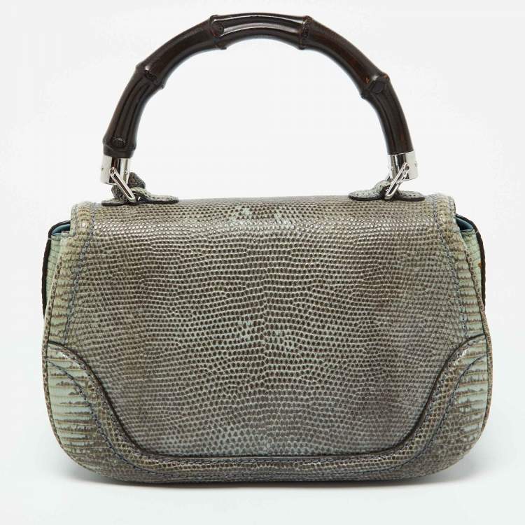Pre Owned Gucci Blue/Brown Lizard Leather Medium Bamboo Top Handle Bag