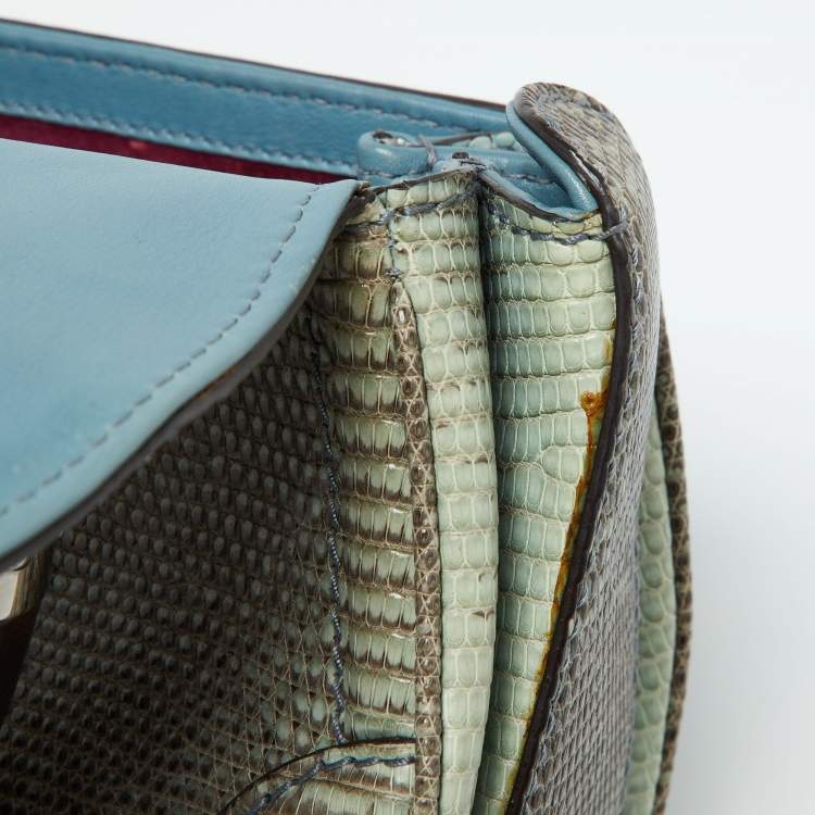 Pre Owned Gucci Blue/Brown Lizard Leather Medium Bamboo Top Handle Bag