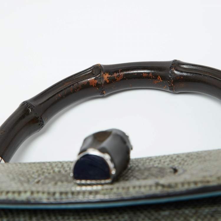 Pre Owned Gucci Blue/Brown Lizard Leather Medium Bamboo Top Handle Bag