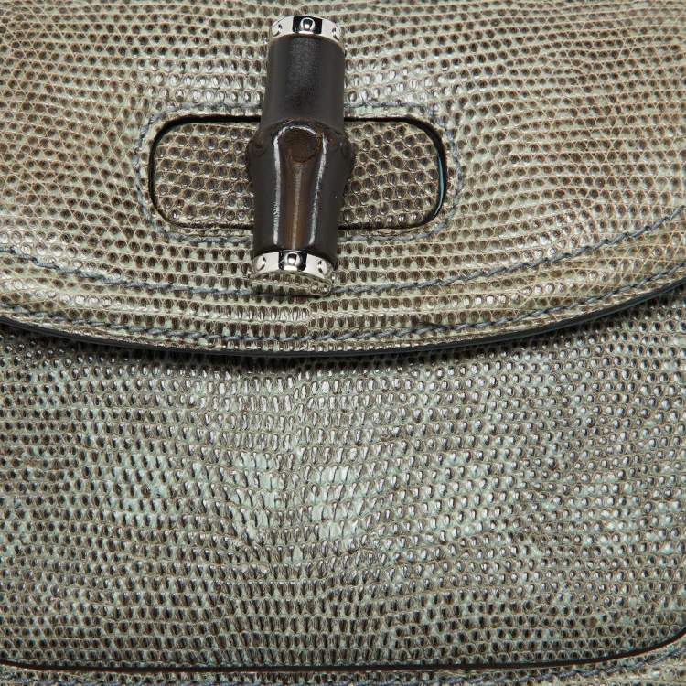 Pre Owned Gucci Blue/Brown Lizard Leather Medium Bamboo Top Handle Bag