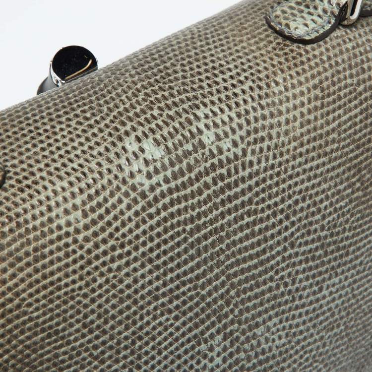 Pre Owned Gucci Blue/Brown Lizard Leather Medium Bamboo Top Handle Bag