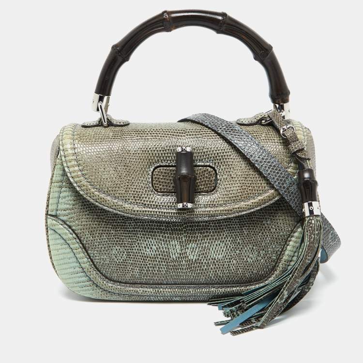 Pre Owned Gucci Blue/Brown Lizard Leather Medium Bamboo Top Handle Bag