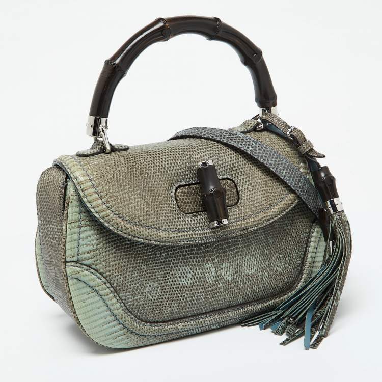 Pre Owned Gucci Blue/Brown Lizard Leather Medium Bamboo Top Handle Bag