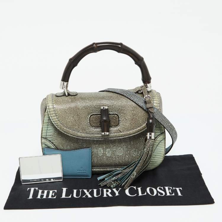 Pre Owned Gucci Blue/Brown Lizard Leather Medium Bamboo Top Handle Bag