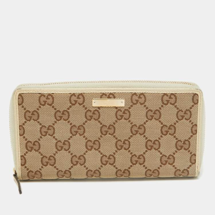 Pre Owned Gucci Beige GG Canvas and Leather Zip Continental Wallet
