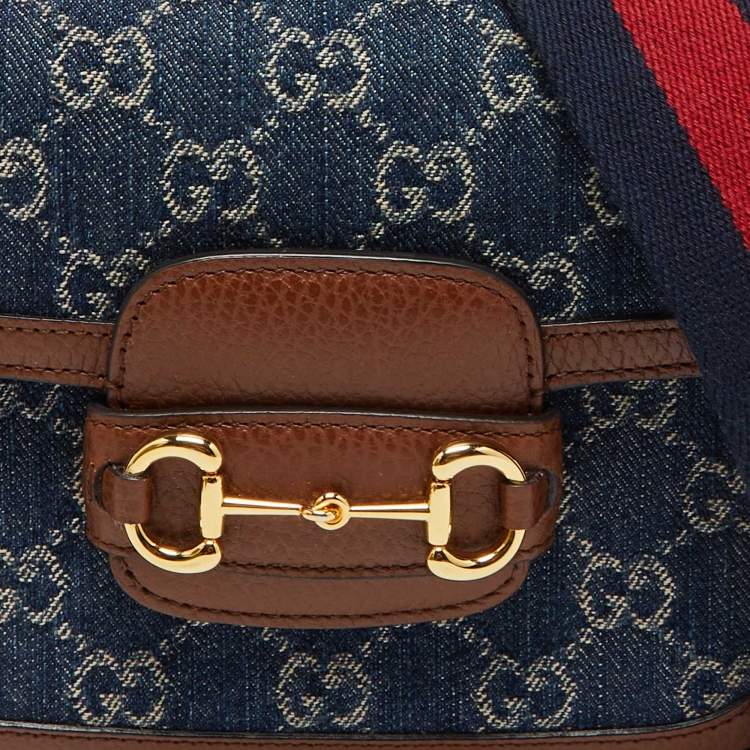 Pre Owned Gucci Blue/Brown GG Denim and Leather Mini Horsebit 1955 Crossbody Bag