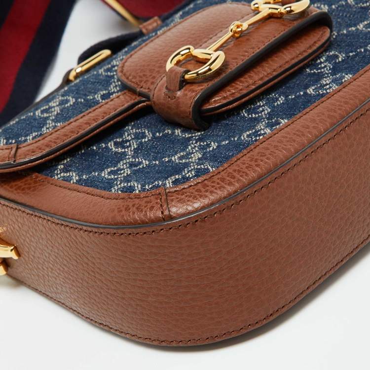 Pre Owned Gucci Blue/Brown GG Denim and Leather Mini Horsebit 1955 Crossbody Bag