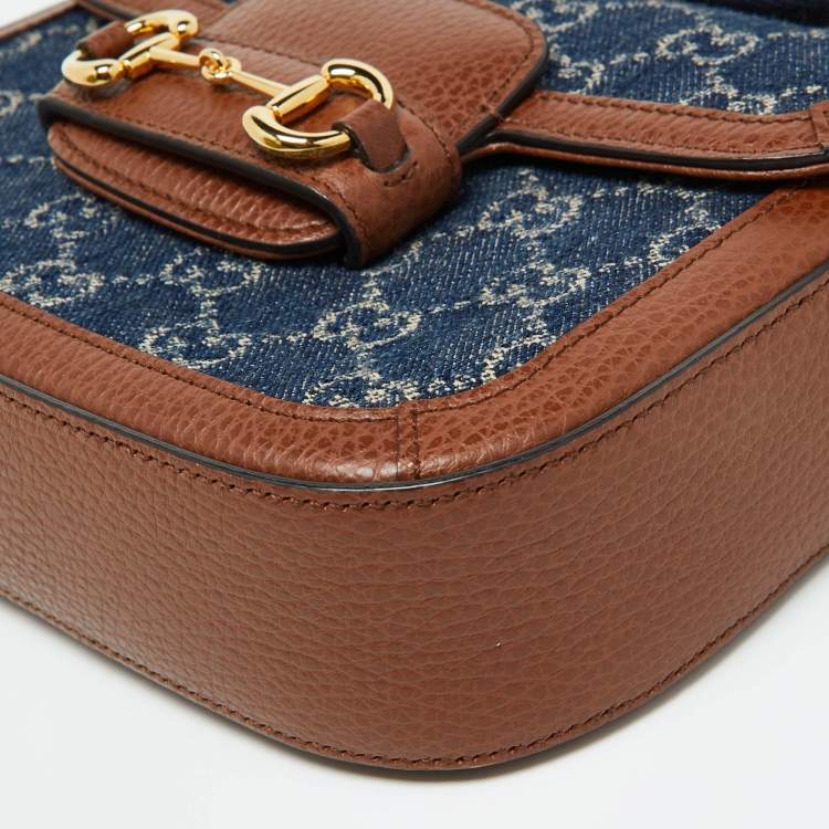 Pre Owned Gucci Blue/Brown GG Denim and Leather Mini Horsebit 1955 Crossbody Bag