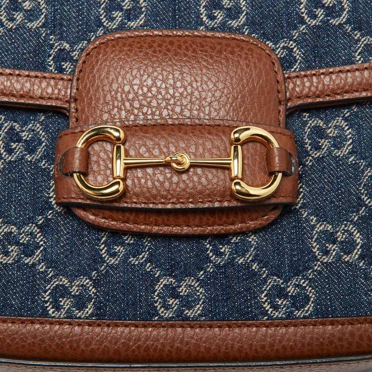 Pre Owned Gucci Blue/Brown GG Denim and Leather Mini Horsebit 1955 Crossbody Bag