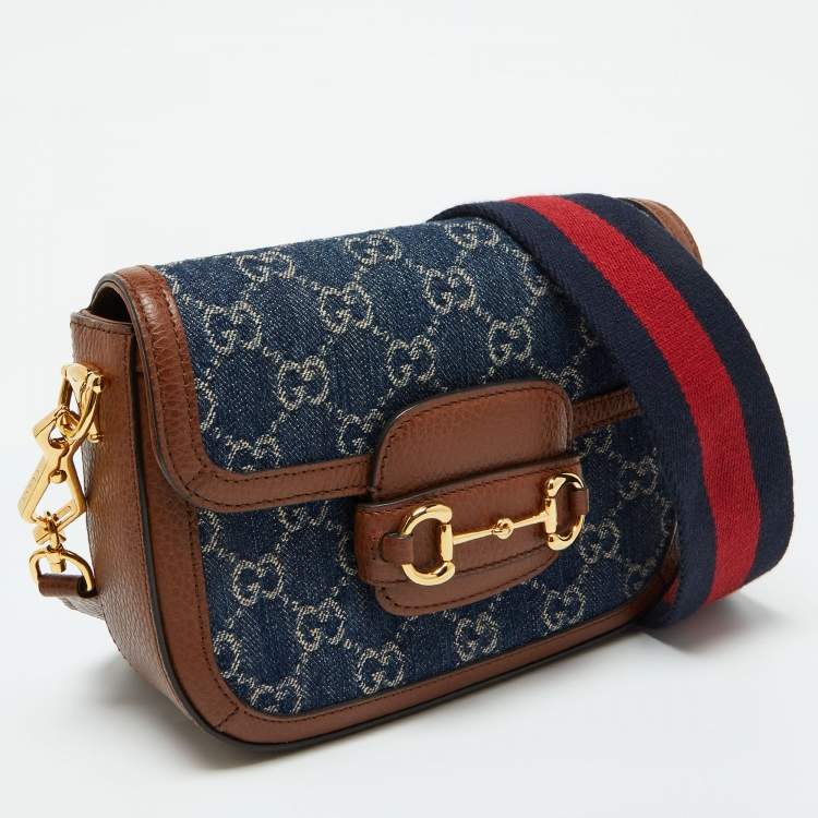 Pre Owned Gucci Blue/Brown GG Denim and Leather Mini Horsebit 1955 Crossbody Bag