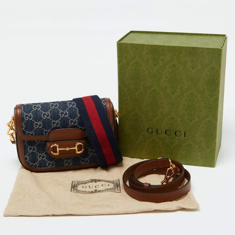 Pre Owned Gucci Blue/Brown GG Denim and Leather Mini Horsebit 1955 Crossbody Bag