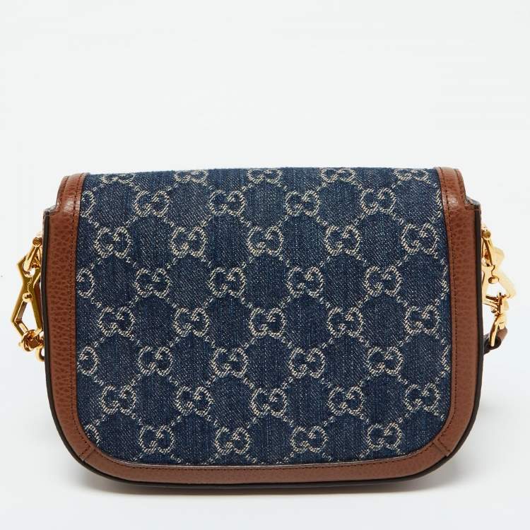 Pre Owned Gucci Blue/Brown GG Denim and Leather Mini Horsebit 1955 Crossbody Bag