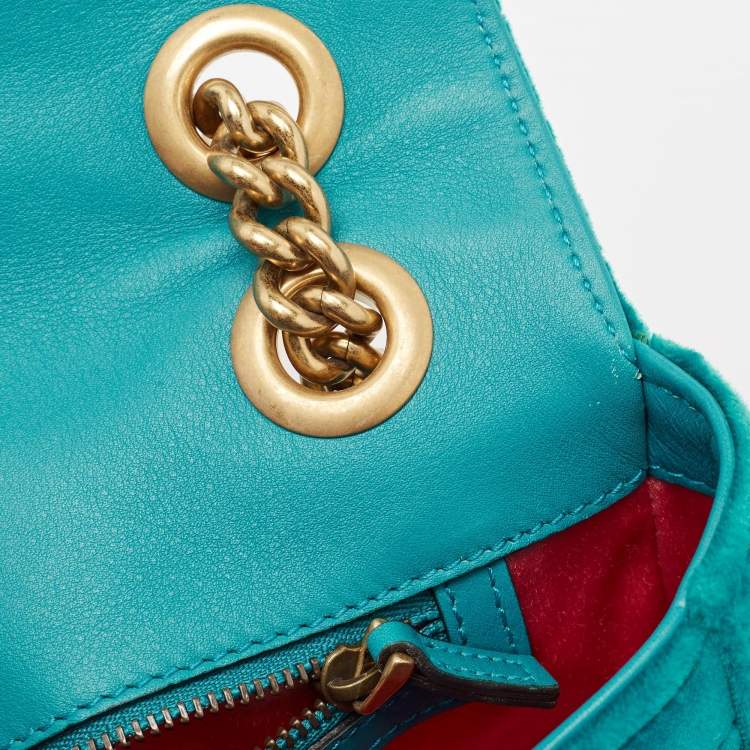 Pre Owned Gucci Green Matelassé Velvet Small GG Marmont Shoulder Bag