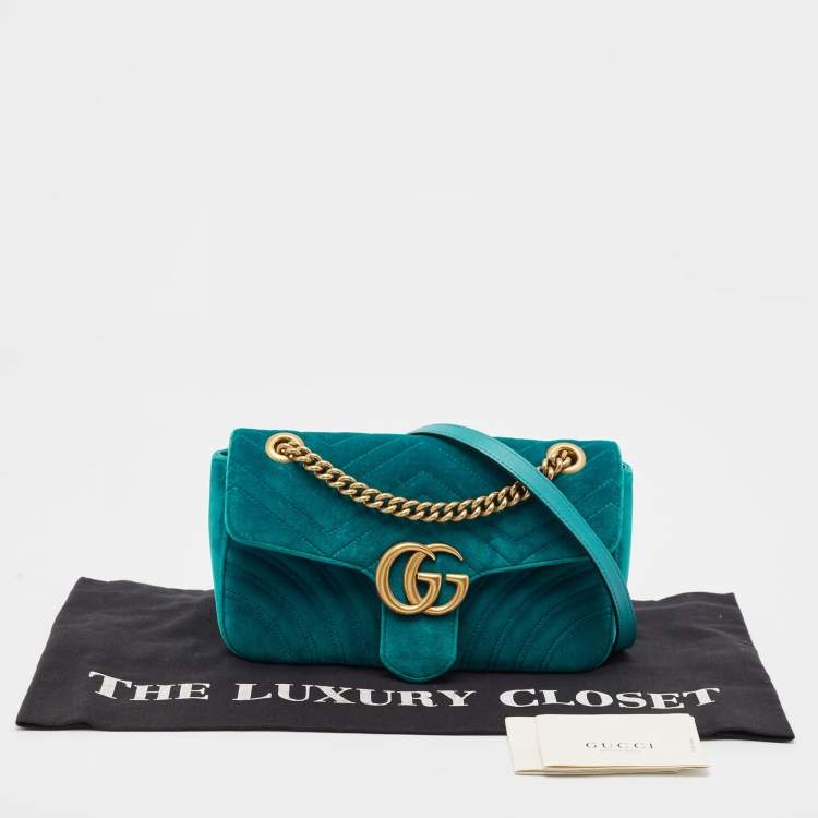 Pre Owned Gucci Green Matelassé Velvet Small GG Marmont Shoulder Bag