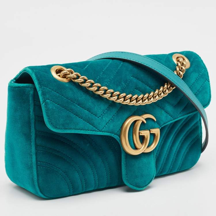 Pre Owned Gucci Green Matelassé Velvet Small GG Marmont Shoulder Bag