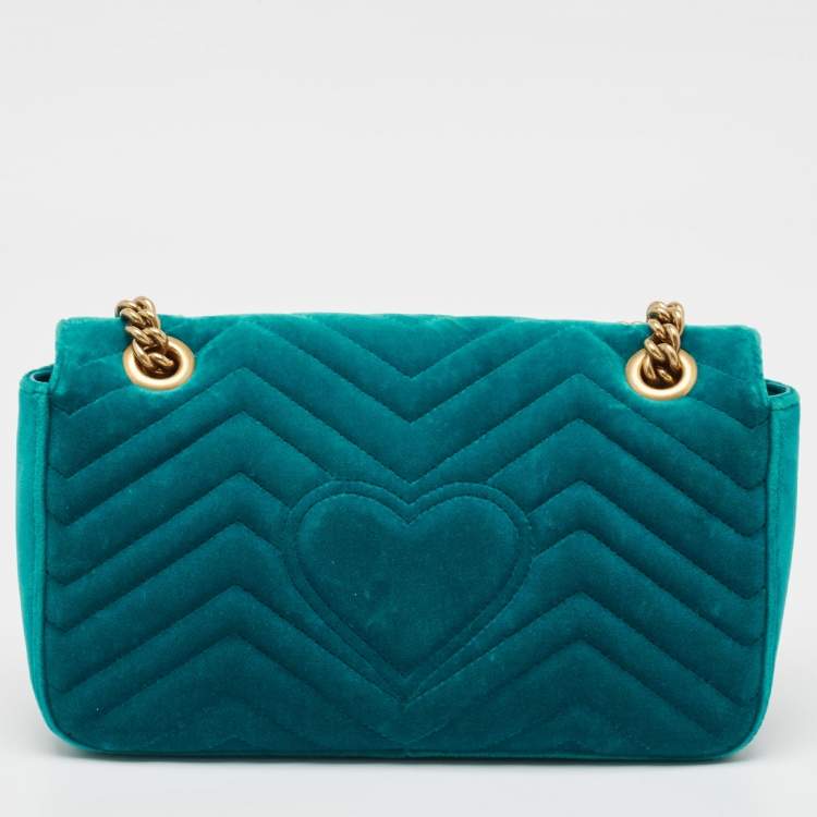 Pre Owned Gucci Green Matelassé Velvet Small GG Marmont Shoulder Bag