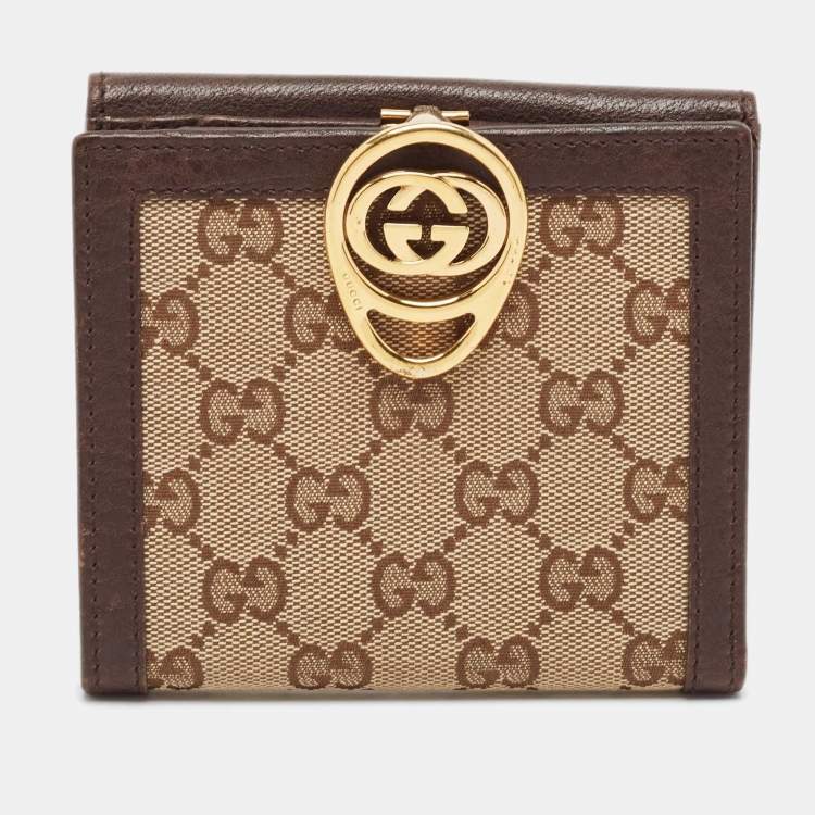 Pre Owned Gucci Brown/Beige GG Canvas and Leather Interlocking Icon French Wallet