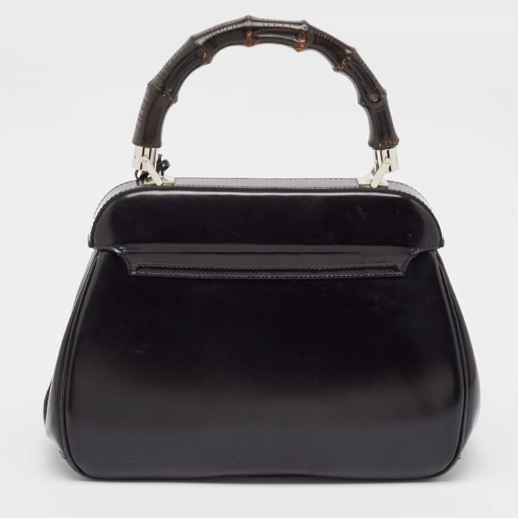 Pre Owned Gucci Black Glossy Leather Bamboo Lady Lock Top Handle Bag