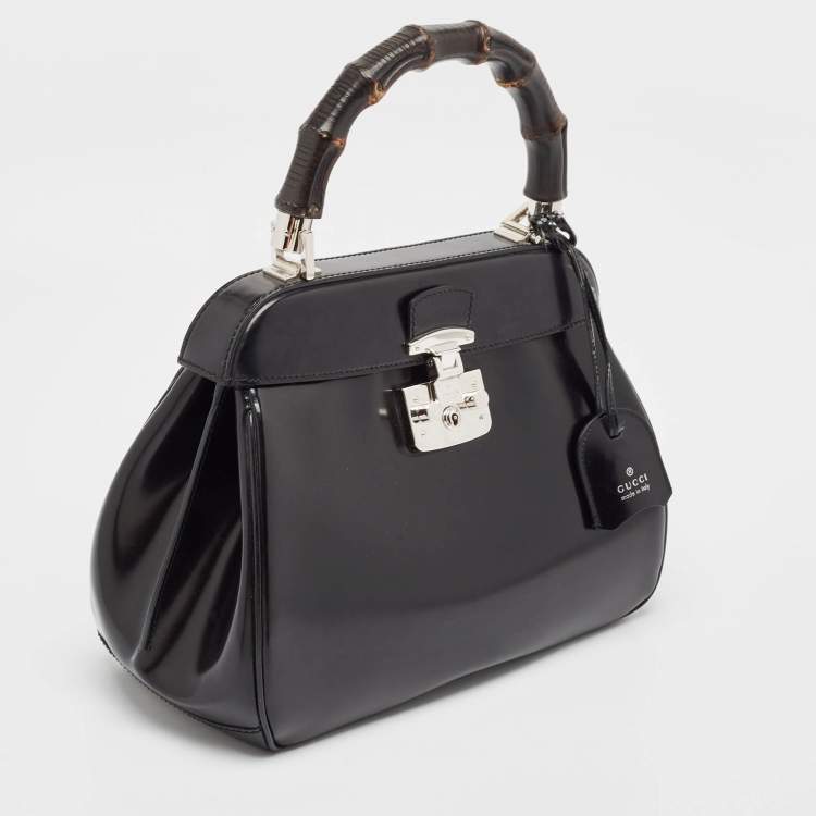 Pre Owned Gucci Black Glossy Leather Bamboo Lady Lock Top Handle Bag