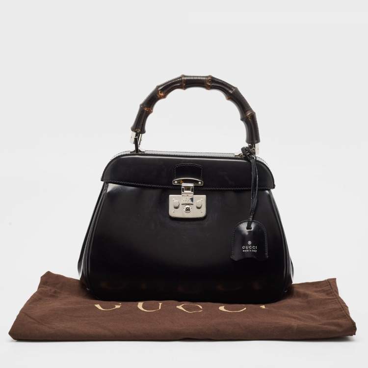 Pre Owned Gucci Black Glossy Leather Bamboo Lady Lock Top Handle Bag
