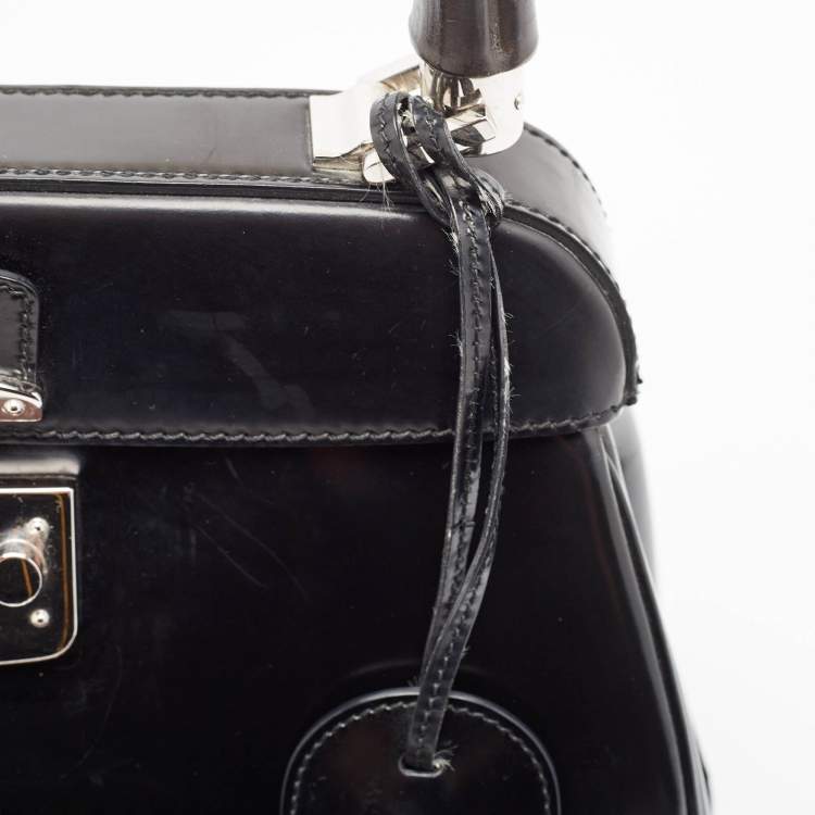 Pre Owned Gucci Black Glossy Leather Bamboo Lady Lock Top Handle Bag