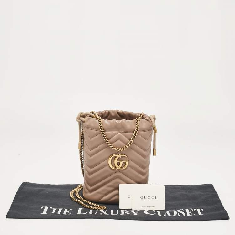 Pre Owned Gucci Beige Matelassé Leather Mini GG Marmont Torchon Bucket Bag      