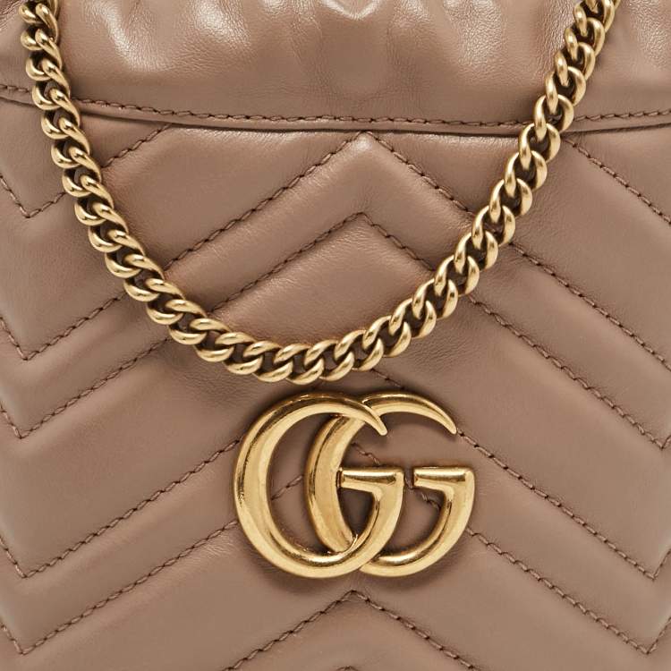 Pre Owned Gucci Beige Matelassé Leather Mini GG Marmont Torchon Bucket Bag      