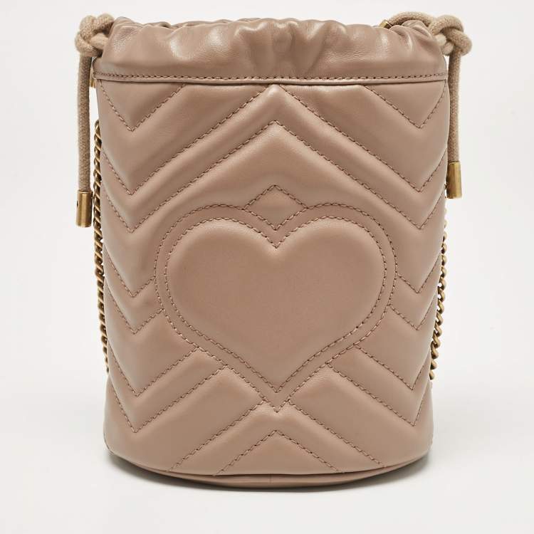 Pre Owned Gucci Beige Matelassé Leather Mini GG Marmont Torchon Bucket Bag      