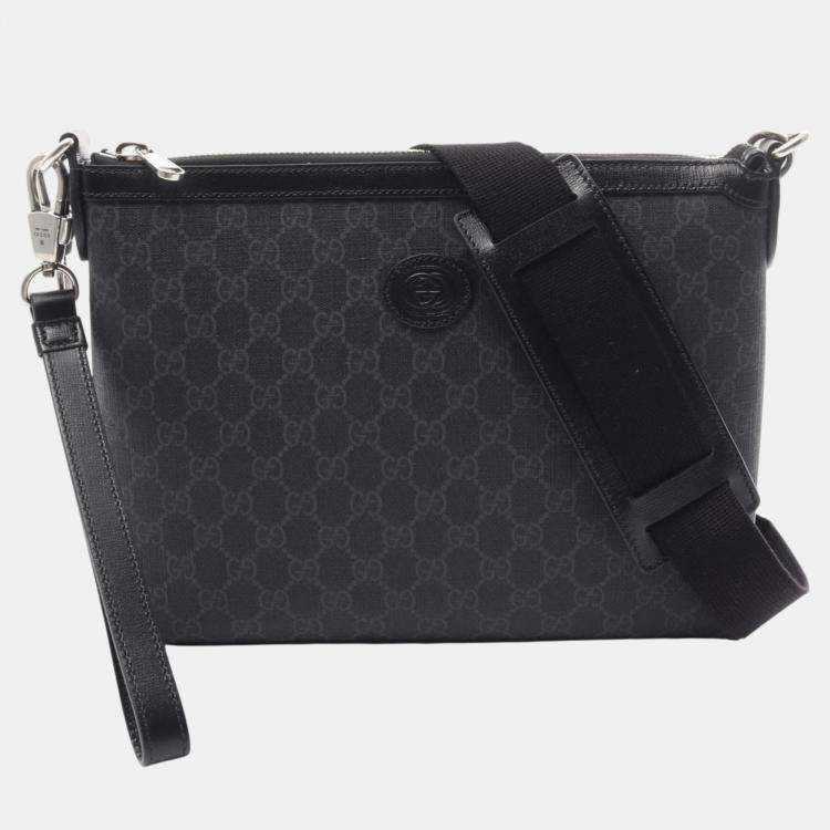 Pre Owned Gucci Black Grey Coated Canvas Leather Interlocking G GG Supreme Shoulder Bag