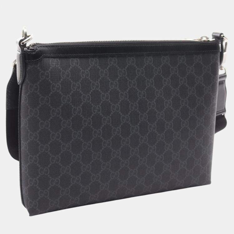 Pre Owned Gucci Black Grey Coated Canvas Leather Interlocking G GG Supreme Shoulder Bag