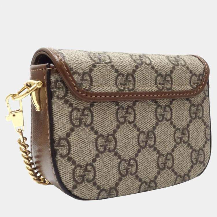 Pre Owned Gucci Beige Brown Canvas Horsebit GG Supreme Chain Wallet