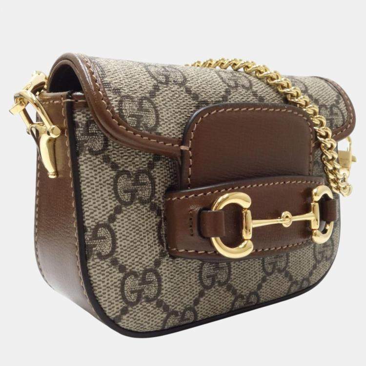 Pre Owned Gucci Beige Brown Canvas Horsebit GG Supreme Chain Wallet