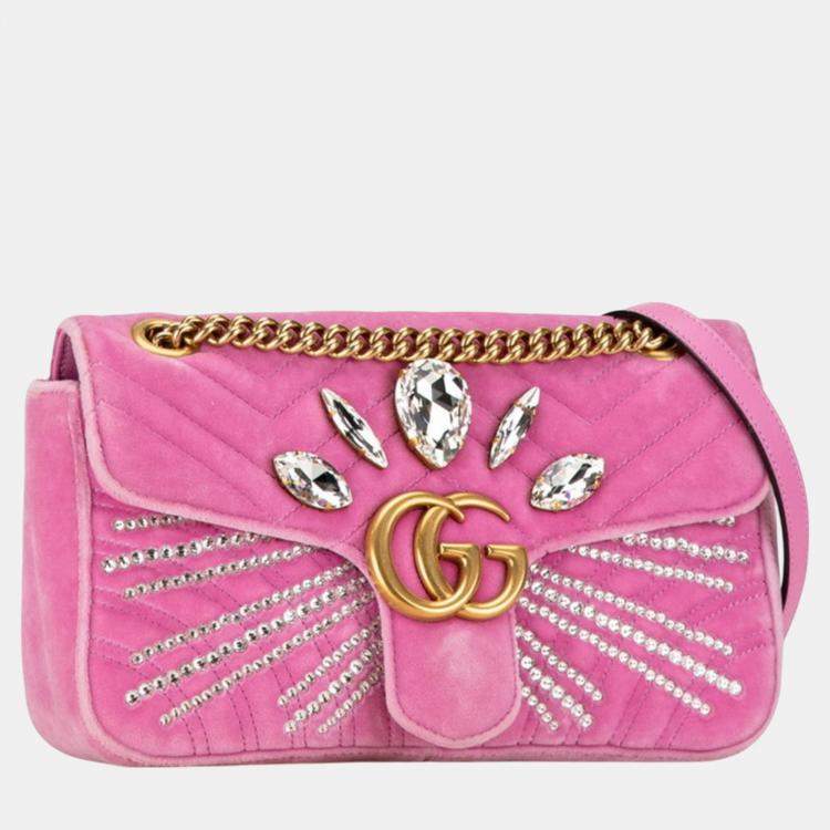 Pre Owned Gucci Pink Velvet GG Marmont Crystal Jewel Chain Shoulder Bag