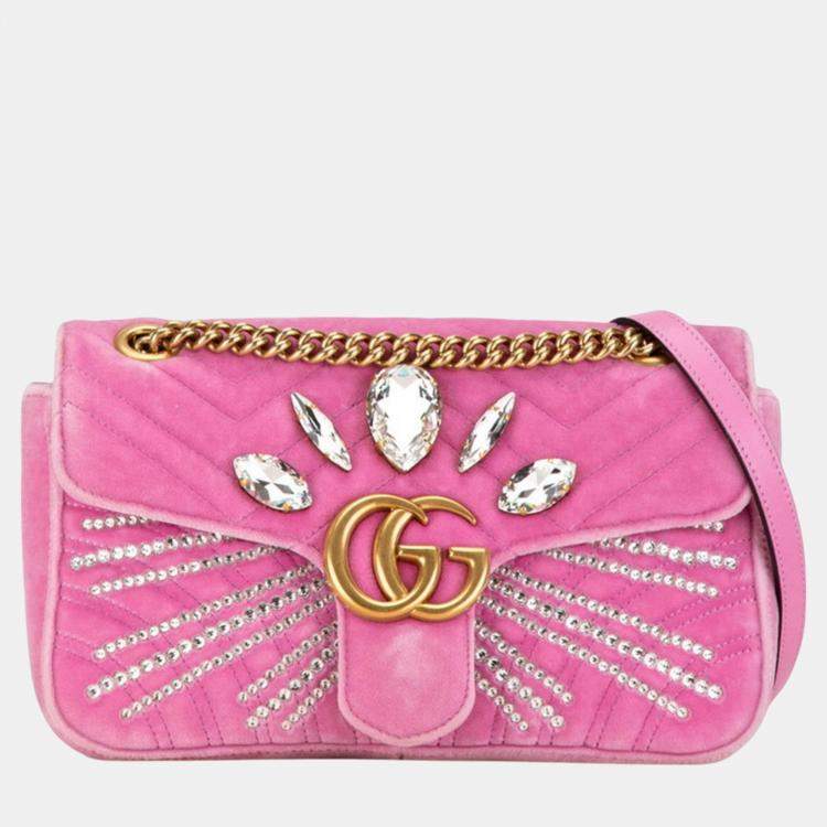 Pre Owned Gucci Pink Velvet GG Marmont Crystal Jewel Chain Shoulder Bag