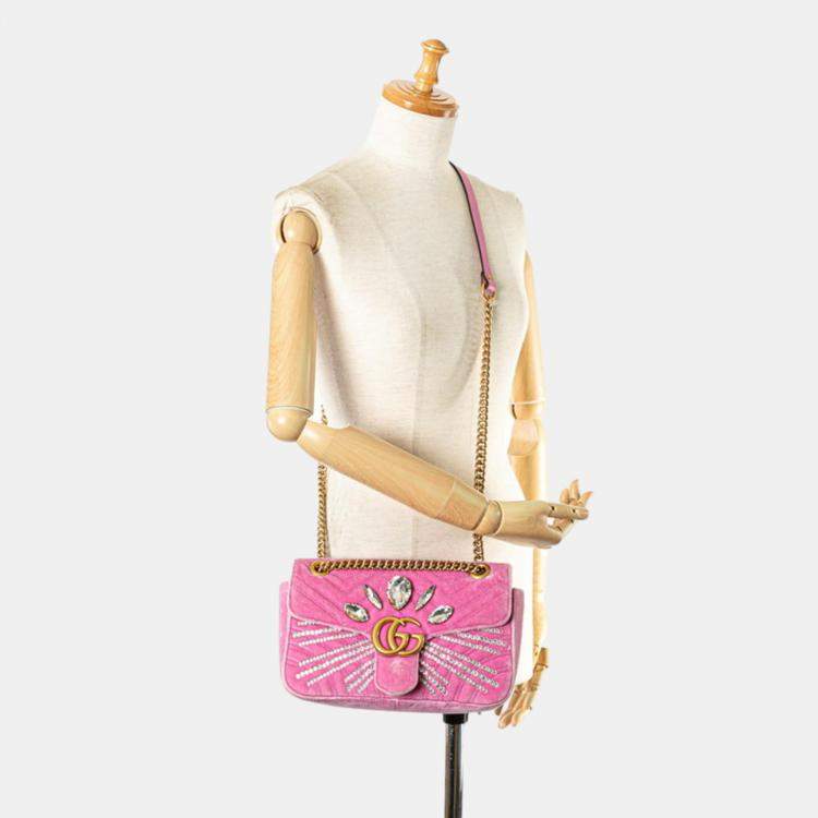 Pre Owned Gucci Pink Velvet GG Marmont Crystal Jewel Chain Shoulder Bag