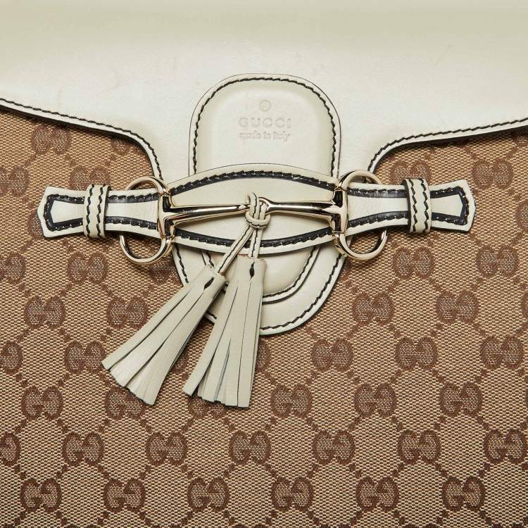 Pre Owned Gucci Beige/White GG Canvas and Leather Large Emily Chain Shoulder Bag