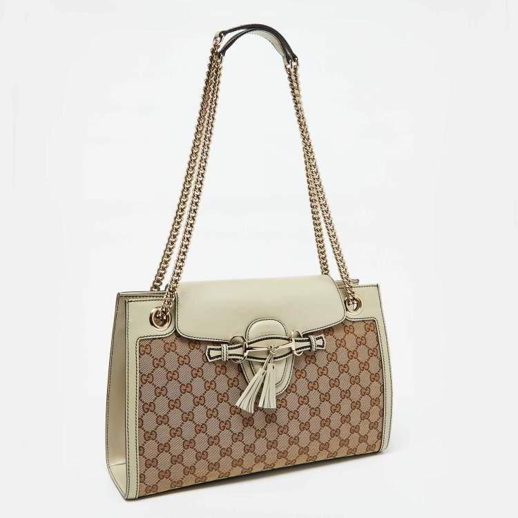 Pre Owned Gucci Beige/White GG Canvas and Leather Large Emily Chain Shoulder Bag