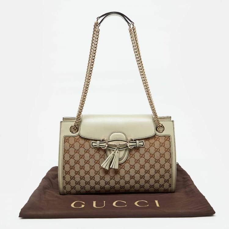 Pre Owned Gucci Beige/White GG Canvas and Leather Large Emily Chain Shoulder Bag