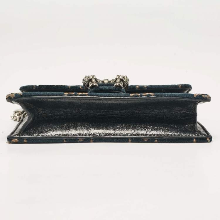 Pre Owned Gucci Teal Blue GG Velvet and Leather Super Mini Dionysus Crossbody Bag