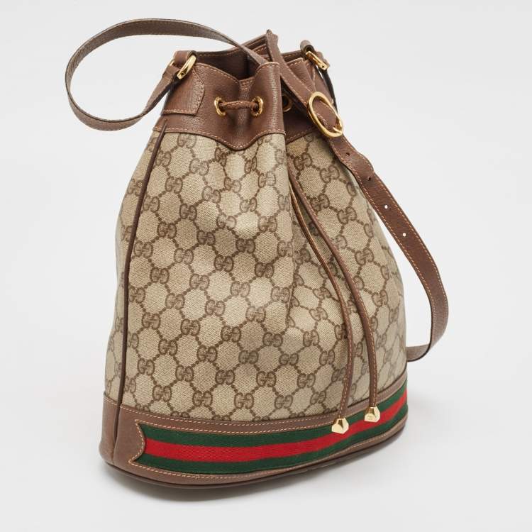 Pre Owned Gucci Beige/Brown GG Supreme Canvas and Leather Ophidia Bucket Bag