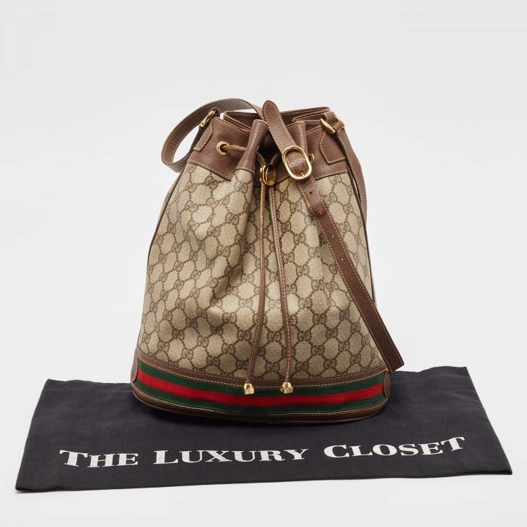 Pre Owned Gucci Beige/Brown GG Supreme Canvas and Leather Ophidia Bucket Bag