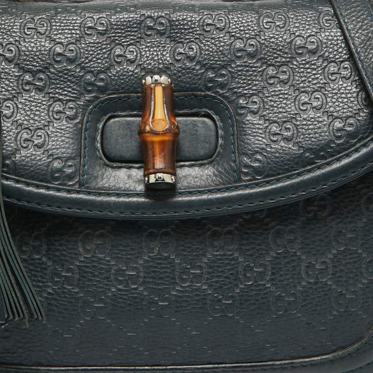 Pre Owned Gucci Navy Blue Leather Large New Bamboo Tassel Top Handle Bag