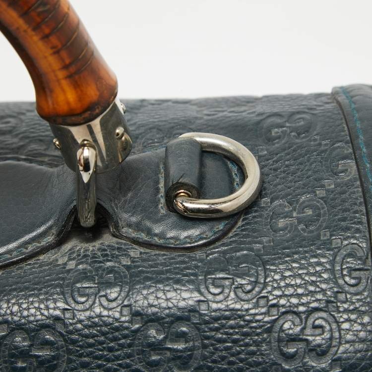 Pre Owned Gucci Navy Blue Leather Large New Bamboo Tassel Top Handle Bag