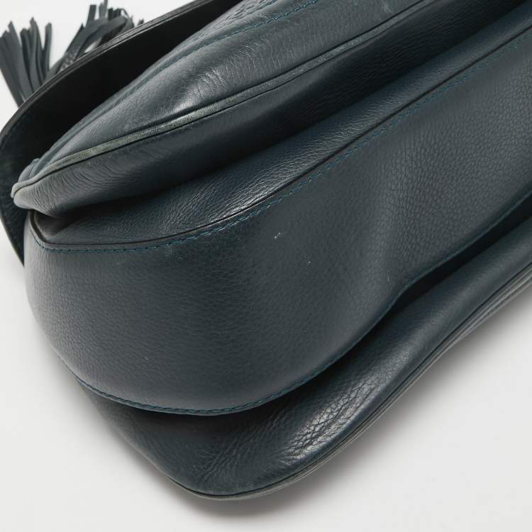 Pre Owned Gucci Navy Blue Leather Large New Bamboo Tassel Top Handle Bag