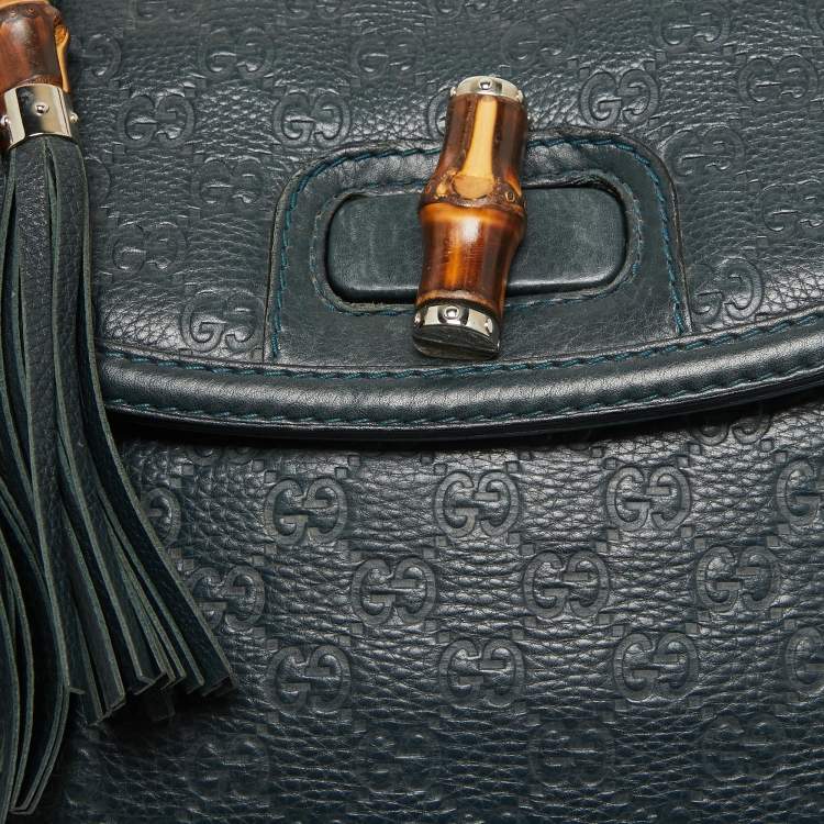 Pre Owned Gucci Navy Blue Leather Large New Bamboo Tassel Top Handle Bag