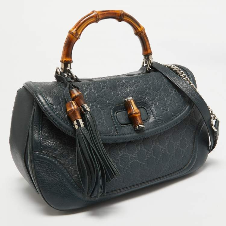 Pre Owned Gucci Navy Blue Leather Large New Bamboo Tassel Top Handle Bag
